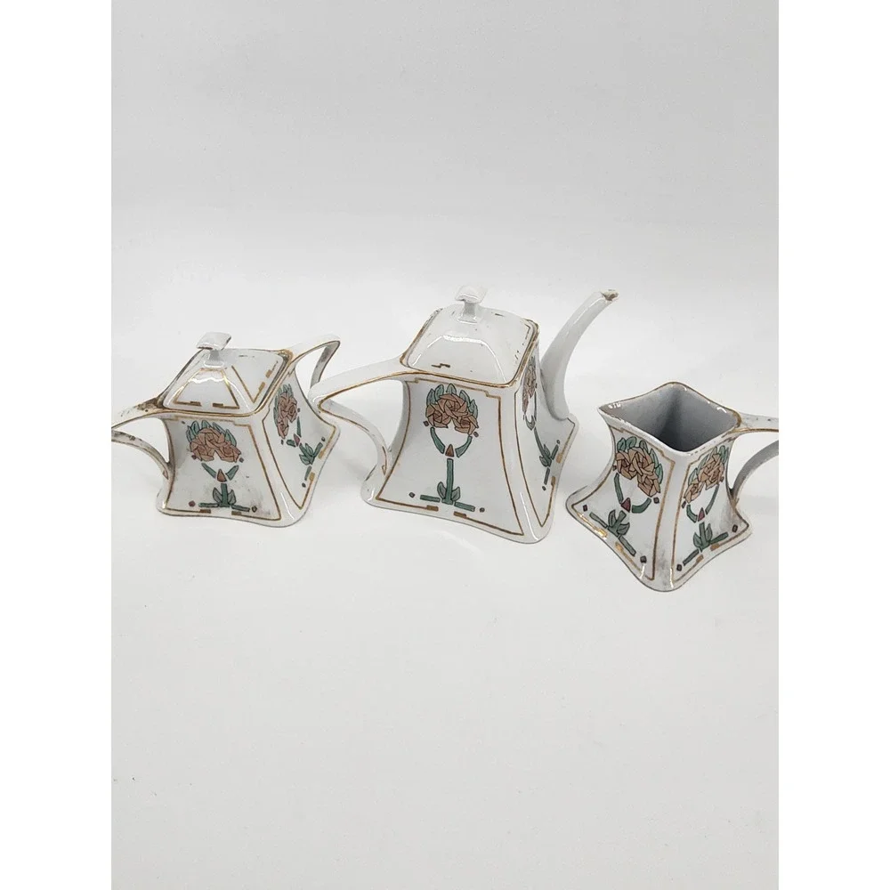 Antique Bavaria Favorite Hand Painted 3pc‎ Tea Set Art Nouveau Floral 1913